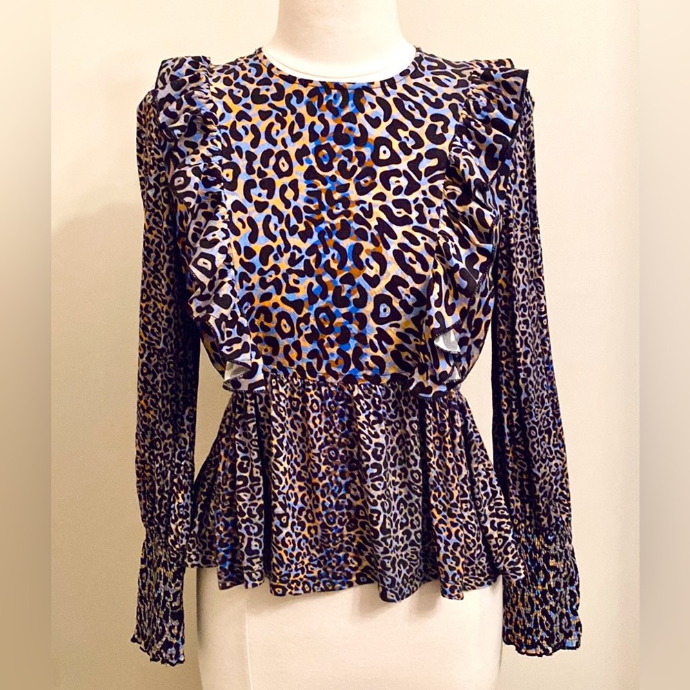 Blank London Moira Blue Leopard Print SZ S Luxe Bohemian Contemporary Ruffle Top